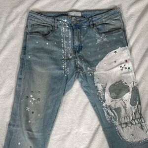 Lifted Anchors Men's Blue Skull Print Jeans with Bold Colored Jewel Accents!